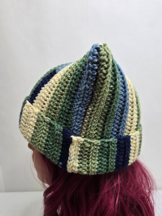 Handmade Crochet Cat Ear Beanie, Striped Acrylic Kitty Hat